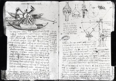 Progetto per una draga e varie macchine idrauliche, fol. 75v e 76r dal Manoscritto di Parigi E, 1513-14 da Leonardo da Vinci